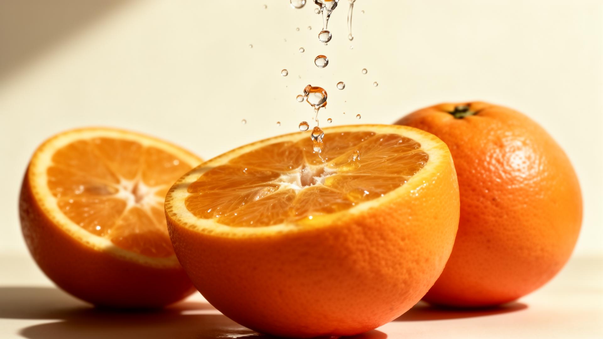 Fresh oranges sliced with juice droplets — editorial macro photography